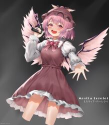 Rule 34 | 1girl, animal ears, beamed sixteenth notes, bird ears, bird wings, blush, brown dress, brown hat, character name, collared shirt, cropped legs, dobostorte, dress, earrings, eighth note, frilled dress, frills, hair between eyes, hat, highres, holding, holding microphone, jewelry, long sleeves, microphone, musical note, mystia lorelei, open mouth, pink eyes, pink hair, pink wings, shirt, short hair, single earring, sleeve garter, smile, solo, touhou, twitter username, white shirt, winged hat, wings
