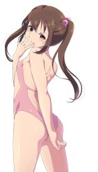 Rule 34 | 1girl, ass, back, backless outfit, bad id, bad pixiv id, blush, brown hair, covering ass, covering own mouth, covering privates, flat chest, hair bobbles, hair ornament, highres, kurosa kichi, long hair, looking at viewer, one-piece swimsuit, parted lips, photokano, pink one-piece swimsuit, sakura mai (photokano), seductive smile, simple background, smile, solo, standing, swimsuit, twintails, white background