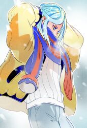Rule 34 | 1boy, 3 sa sa, adjusting hair, androgynous, blue eyes, blue hair, blue scarf, creatures (company), game freak, grusha (pokemon), highres, jacket, light blue hair, long hair, long sleeves, looking to the side, nintendo, pokemon, pokemon sv, puffy long sleeves, puffy sleeves, scarf, scarf over mouth, striped clothes, striped scarf, trap, two-tone scarf, yellow jacket