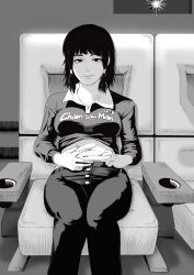 Rule 34 | 1girl, chainsaw man, chair, closed mouth, copyright name, cropped shirt, greyscale, hand on own stomach, highres, midriff, mifune fumiko, monochrome, movie projector, namako (rikina kazuhisa), navel, pants, pinching, sitting, solo, stomach
