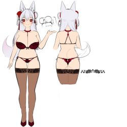 Rule 34 | animal ears, ass, bra, breasts, character sheet, cleavage, concept art, fox ears, highres, lace, large breasts, mimoza (96mimo414), multiple views, red eyes, thighhighs, thong, underwear