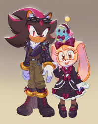 Rule 34 | 1boy, 1girl, alternate costume, animal ear fluff, animal ears, animal nose, black dress, black footwear, black jacket, boots, bow, brown background, brown eyes, brown pants, buck teeth, chao (sonic), cheese (sonic), child, closed mouth, commentary, cream the rabbit, dress, english commentary, eyewear on head, fanny pack, full body, furry, furry female, furry male, gloves, gothic lolita, gradient background, highres, jacket, lolita fashion, long sleeves, looking at viewer, ochibrochi, open mouth, pants, rabbit ears, rabbit girl, red eyes, shadow the hedgehog, shoes, simple background, smile, sonic (series), standing, sunglasses, teeth, white gloves