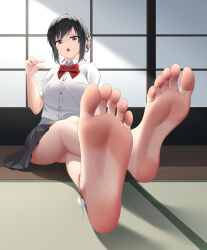 Rule 34 | 1girl, absurdres, ahoge, ankle strap, arendelle, bare legs, barefoot, black hair, black skirt, bow, bowtie, breasts, brown eyes, crossed legs, eyelashes, feet, foot focus, foreshortening, full body, hair ribbon, hand up, highres, indoors, kimi no na wa., looking at viewer, medium breasts, miniskirt, miyamizu mitsuha, on ground, pleated skirt, red bow, red bowtie, red ribbon, ribbon, school uniform, shadow, shirt, short hair, short sleeves, sidelocks, sitting, skirt, soles, solo, thighs, toes, white shirt