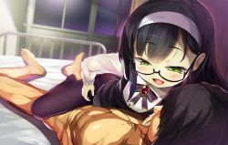 Rule 34 | 1boy, 1girl, ass, assertive female, bad id, bad pixiv id, bed, black hair, blush, cauliflower (hosiyarou), clothed female nude male, clothes lift, dress, dress lift, femdom, girl on top, glasses, green eyes, hairband, little do s bitch, long hair, lying, naughty face, nude, on back, original, panties, panties under pantyhose, pantyhose, rika (little do s bitch), shimejinameko, short hair, smile, underwear