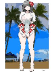 Rule 34 | 1girl, absurdres, air jordan, air jordan 1, bambi surprise, bikini, bikini under clothes, black eyes, black hair, breasts, closed mouth, commentary, flower, full body, highres, large breasts, looking at viewer, medium hair, original, outline, red bikini, red flower, see-through, shirt, shirt tug, shoelaces, shoes, signature, sneakers, solo, standing, swimsuit, symbol-shaped pupils, unworn shoes, white outline, white shirt