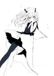 Rule 34 | 1girl, bare shoulders, bow, covered mouth, dress, greyscale, hair between eyes, hair bow, hand up, head tilt, long hair, looking away, looking to the side, lpip, monochrome, original, simple background, sleeveless, sleeveless dress, solo, standing, white background