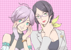 Rule 34 | 2girls, ahoge, black hair, bracelet, braid, breasts, character request, cleavage, detached sleeves, earrings, end card, fingerless gloves, fingers to cheeks, glasses, gloves, green eyes, grey jacket, hair between eyes, hand on own chin, highres, jacket, jewelry, light purple hair, lips, lipstick, looking at viewer, makeup, mature female, multiple girls, nail polish, official art, parted bangs, pink background, plaid, plaid background, purple nails, red lips, saitomisaki, scarf, shirt, short hair, single glove, sleeveless, sleeveless shirt, smile, suidou asumi, teeth, third-party source, tokyo 24-ku, tsuzuragawa sakiko, upper body, yellow scarf
