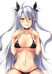 Rule 34 | &gt;:p, 1girl, :p, antenna hair, azur lane, bikini, black bikini, blush, breasts, breasts apart, brown eyes, choker, collarbone, commentary request, cowboy shot, eyes visible through hair, flag print, german flag bikini, hair between eyes, hair ribbon, hands on own chest, hands up, highres, large breasts, long hair, looking at viewer, mole, mole on breast, multicolored hair, navel, prinz eugen (azur lane), prinz eugen (unfading smile) (azur lane), ribbon, shimotsuki shio, side-tie bikini bottom, sidelocks, silver hair, simple background, solo, swimsuit, tongue, tongue out, two-tone hair, two side up, v-shaped eyebrows, very long hair, white background
