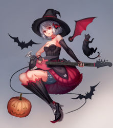 Rule 34 | 1girl, asymmetrical clothes, bare shoulders, bat (animal), bat hair ornament, bat wings, bell, neck bell, black dress, black gloves, bloomers, boots, breasts, bryanth, cat, collar, collarbone, detached sleeves, dress, electric guitar, fingerless gloves, full body, gloves, guitar, hair ornament, halloween, hat, high heel boots, high heels, highres, instrument, jack-o&#039;-lantern, knee boots, layered dress, original, red dress, red eyes, silver hair, single glove, small breasts, solo, strapless, strapless dress, underwear, wings, witch, witch hat