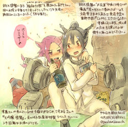 Rule 34 | 10s, 2girls, alternate costume, black hair, bottle, breasts, cherry blossoms, colored pencil (medium), crossdressing, dated, drunk, gloves, hand on another&#039;s shoulder, headgear, jun&#039;you (kancolle), kantai collection, kirisawa juuzou, long hair, looking at another, multiple girls, nagato (kancolle), numbered, personification, purple eyes, purple hair, red eyes, sake bottle, school uniform, traditional media, translation request, twitter username