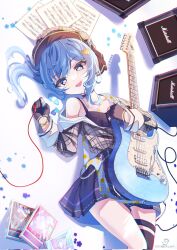 Rule 34 | 1girl, amplifier, beret, black camisole, black choker, black skirt, blue eyes, blue hair, camisole, cd case, chain, choker, electric guitar, gloves, guitar, hat, highres, holding, holding instrument, hololive, hoshimachi suisei, hoshimachi suisei (1st costume), instrument, jacket, long hair, looking at viewer, lying, on back, open mouth, partially fingerless gloves, plaid, plaid jacket, pleated skirt, plectrum, pota ken, sheet music, side ponytail, skirt, smile, solo, string, string of fate, twitter username, virtual youtuber
