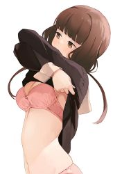 Rule 34 | 1girl, arched back, black dress, blunt bangs, bra, breasts, brown eyes, brown hair, clothes lift, commentary, dot nose, dress, dress lift, from side, hiroki (yyqw7151), iino miko, kaguya-sama wa kokurasetai ~tensai-tachi no renai zunousen~, lifted by self, long hair, long sleeves, looking to the side, low twintails, medium breasts, navel, panties, pink bra, pink panties, school uniform, shuuchiin academy school uniform, simple background, solo, twintails, underwear, undressing, upper body, white background