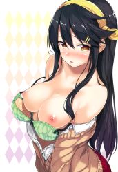 Rule 34 | 10s, absurdres, bare shoulders, black hair, blush, bra, bra pull, breasts, brown eyes, cardigan, clothes pull, contemporary, detexted, gintarou (kurousagi108), green bra, hair between eyes, hair ornament, hair over breasts, hairband, hairclip, haruna (kancolle), highres, kantai collection, long hair, medium breasts, nipples, nose blush, off shoulder, open clothes, open shirt, parted lips, perky breasts, pleated skirt, scan, school uniform, shirt, sidelocks, skirt, solo, third-party edit, underwear