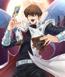 Rule 34 | 1boy, arm belt, belt, black pants, black shirt, blue eyes, brown hair, card, coat, dragon wings, full moon, highres, holding, holding card, jewelry, jigoku meguri, kaiba seto, looking at viewer, male focus, moon, necklace, night, open clothes, open coat, open mouth, pants, shirt, short hair, solo, turtleneck, white coat, wings, yu-gi-oh!, yu-gi-oh! duel monsters