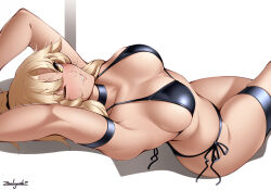 Rule 34 | 1girl, armpits, arms up, bikini, black bikini, blonde hair, blush, breasts, fate/grand order, fate (series), grin, large breasts, long hair, looking at viewer, mordred (fate), mordred (fate) (all), mordred (swimsuit rider) (fate), one eye closed, ponytail, side-tie bikini bottom, smile, solo, swimsuit, thigh strap, yellow eyes, zealyush