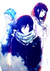 Rule 34 | 1girl, 2boys, black hair, blue eyes, clenched hand, coat, hand up, hands in pockets, hat, highres, iki hiyori, looking at viewer, medium hair, multiple boys, multiple girls, noragami, open mouth, poker-face-008, pom pom (clothes), purple eyes, scarf, school uniform, yato (noragami), yukine (noragami)