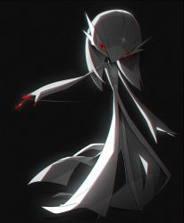 Rule 34 | 1girl, arm up, backlighting, black background, blood on hands, chromatic aberration, constricted pupils, creatures (company), female focus, flat chest, game freak, gardevoir, gen 3 pokemon, glowing, glowing eyes, greyscale, hair between eyes, horror (theme), long hair, lotosu, monochrome, nintendo, outstretched arm, pokemon, pokemon (creature), red eyes, simple background, solo, spot color, standing