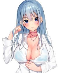Rule 34 | 1girl, bikini, bikini under clothes, blue bra, blue eyes, blue hair, blush, bra, breasts, choker, closed mouth, hair between eyes, hand in own hair, jewelry, large breasts, long hair, long sleeves, looking at viewer, mataro (matarou), necklace, original, pink choker, shirt, simple background, smile, solo, swimsuit, underwear, upper body, white background, white shirt
