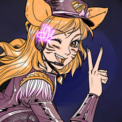 Rule 34 | 1girl, :d, ;d, ahri (league of legends), alternate costume, alternate hair color, animal ears, blonde hair, blue background, blush, bow, breasts, epaulettes, facial mark, fang, fingernails, fox ears, from side, glowing, gradient background, happy, hat, hat bow, headphones, headset, heart, heart necklace, idol, jacket, jewelry, league of legends, long fingernails, looking back, matching hair/eyes, necklace, one eye closed, open clothes, open jacket, open mouth, orange eyes, orange hair, peace symbol, peaked cap, popstar ahri, ranger squirrel, slit pupils, smile, solo, spoken heart, uniform, v, whisker markings, wink