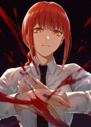 Rule 34 | 1girl, black background, blood, blood splatter, blunt bangs, braid, braided ponytail, chainsaw man, closed mouth, collared shirt, long sleeves, looking at viewer, makima (chainsaw man), red hair, ringed eyes, rune (rne at), shirt, simple background, single braid, smile, solo, white shirt, yellow eyes