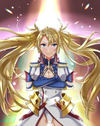 Rule 34 | 1girl, armor, artist request, backlighting, blonde hair, blue eyes, blush, bradamante (fate), bradamante (second ascension) (fate), braid, breasts, buttons, cleavage, crossed arms, elbow gloves, epaulettes, fate/grand order, fate (series), faulds, french braid, gloves, hair between eyes, highres, jacket, large breasts, leotard, light particles, long hair, looking at viewer, smile, solo, thighs, twintails, white jacket