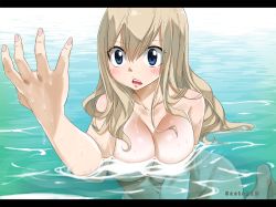 Rule 34 | 1girl, blonde hair, blue eyes, breasts, cleavage, colorized, eden&#039;s zero, gaston18, hand up, large breasts, long hair, mashima hiro, navel, nude, partially submerged, rebecca bluegarden, solo, water, wet