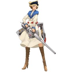 Rule 34 | boots, frown, full body, hammer and sickle, high heel boots, high heels, jewelry, necklace, official art, salmon88, short hair, simple background, solo, standing, victory belles, voykov (victory belles), weapon, white background