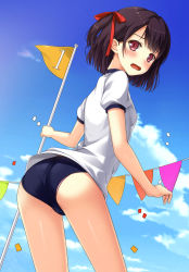 Rule 34 | 1girl, arched back, ass, black hair, blue sky, blush, breasts, buruma, cloud, cloudy sky, confetti, day, flag, from behind, gym uniform, hair ribbon, highres, holding, holding flag, lace, lace-trimmed panties, lace trim, looking at viewer, looking back, one side up, open mouth, original, outdoors, panties, panties under buruma, pennant, pink panties, purple eyes, red ribbon, ribbon, shirt, short hair, short sleeves, sky, small breasts, solo, standing, string of flags, thighs, underwear, uzuki hiro, wavy mouth, white shirt