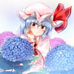 Rule 34 | 1girl, bad id, bad pixiv id, blue hair, blue sky, blurry, brooch, capelet, day, depth of field, fingernails, flower, hand on own face, hat, hat ribbon, head tilt, highres, hydrangea, jewelry, leaf, looking at viewer, mob cap, nail polish, outdoors, red eyes, red nails, remilia scarlet, ribbon, sharp fingernails, short hair, sitting, sky, smile, solo, touhou, yan wu
