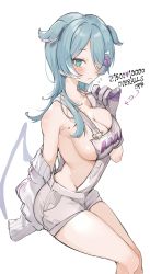 Rule 34 | 1girl, blue hair, blush, breasts, cleavage, closed mouth, elira pendora, elira pendora (1st costume), english text, green eyes, hair ornament, hair over one eye, hairclip, hand up, head wings, highres, large breasts, long hair, long sleeves, looking at viewer, meme, mole, mole on armpit, naked overalls, nijisanji, nijisanji en, oimo 0imo, one eye covered, overall shorts, overalls, sideboob, simple background, sitting, sleeves past fingers, sleeves past wrists, solo, twitter strip game (meme), virtual youtuber, white background, wings