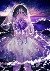 Rule 34 | 1girl, achiki, black hair, blush, bouquet, bridal veil, cloud, commentary request, dress, dutch angle, flower, grin, hands up, highres, holding, holding bouquet, horizon, looking at viewer, ocean, original, outdoors, purple ribbon, ribbon, rose, see-through, see-through sleeves, short hair, smile, solo, veil, wading, water, wedding dress, white dress