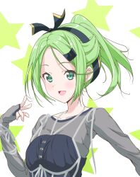 Rule 34 | 1girl, 22/7, :d, black dress, black hairband, collarbone, dress, green eyes, green hair, hair ornament, hairband, hairclip, hand up, high ponytail, highres, kiryu touko, long sleeves, looking at viewer, matsubokkurin227, open mouth, see-through, see-through dress, smile, solo, star (symbol), starry background, upper body, white background
