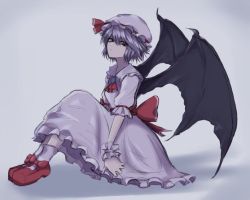 Rule 34 | 1girl, 33 gaff, bat wings, bow, brooch, closed mouth, dress, footwear bow, frilled dress, frills, full body, grey background, hair between eyes, hat, hat ribbon, jewelry, knees up, looking at viewer, petticoat, red bow, red eyes, red footwear, red neckwear, red ribbon, remilia scarlet, ribbon, short sleeves, simple background, sitting, solo, touhou, white background, white dress, white hat, white legwear, wings, wrist cuffs