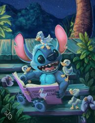Rule 34 | artist name, bird, blue fur, book, duck, duckling, flower, lilo &amp; stitch, mountainous horizon, night, night sky, no humans, open book, open mouth, outdoors, pandapaco, plant, reading, sitting, sitting on stairs, sky, stairs, star (sky), starry sky, stitch (lilo &amp; stitch), teeth, tree, white flower, wooden deck