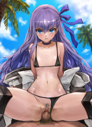 Rule 34 | 1boy, 1girl, absurdres, angry, bare shoulders, bikini, black bikini, black jacket, blue eyes, blue sky, blush, breasts, censored, choker, clenched teeth, collarbone, cowgirl position, fate/grand order, fate (series), female pubic hair, girl on top, hetero, highres, jacket, long hair, long sleeves, looking at viewer, meltryllis, meltryllis (fate), meltryllis (swimsuit lancer) (fate), meltryllis (swimsuit lancer) (first ascension) (fate), mosaic censoring, off shoulder, palm tree, penis, prosthesis, prosthetic leg, pubic hair, purple hair, pussy, sex, sky, sleeves past fingers, sleeves past wrists, small breasts, solo focus, spread legs, sterben, straddling, swimsuit, teeth, thighs, tree, vaginal, very long hair