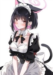 Rule 34 | 1girl, alternate costume, animal ears, apron, black dress, black hair, blue archive, blush, breasts, cat ears, cat tail, cleavage, closed mouth, collarbone, colored inner hair, detached collar, dress, enmaided, extra ears, frilled apron, frills, hair ornament, hairclip, halo, highres, kazusa (blue archive), looking at viewer, maid, maid apron, maid day, maid headdress, marisasu (marisa0904), medium breasts, multicolored hair, pink hair, pink halo, red eyes, short hair, short sleeves, solo, tail, white apron