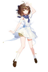 Rule 34 | 1girl, absurdres, ahoge, arm up, blue bow, blue neckerchief, blue sailor collar, bow, brown footwear, brown hair, closed mouth, collared shirt, dress, full body, hair between eyes, hair bow, highres, loafers, neckerchief, original, sailor collar, sailor shirt, shirt, shoes, short dress, short hair, shorts, shorts under dress, simple background, smile, solo, standing, white background, white legwear, white shirt, yellow eyes, yellow shorts, zrds4375