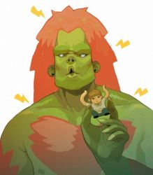 Rule 34 | 1990s (style), 2boys, :o, blanka, capcom, character doll, chest hair, collarbone, colored skin, contraomnes, fingernails, green skin, jpeg artifacts, male focus, multiple boys, nail, nipples, ono yoshinori, orange hair, pouty lips, retro artstyle, role reversal, sharp fingernails, short hair, street fighter, street fighter ii (series), white eyes
