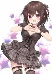Rule 34 | 1girl, :d, black shirt, black thighhighs, bow, breasts, brown hair, cleavage, collarbone, commentary request, contrapposto, frilled skirt, frills, grey bow, grey skirt, hair between eyes, hair bow, hands up, heart, heart hands, looking at viewer, medium breasts, miyasaka naco, multicolored hair, open mouth, original, plaid, plaid bow, plaid skirt, pleated skirt, puffy short sleeves, puffy sleeves, red eyes, shirt, short sleeves, simple background, skirt, smile, solo, standing, star balloon, thighhighs, two-tone hair, white background