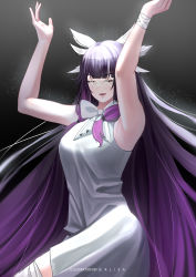Rule 34 | 1girl, :d, absurdres, armpits, arms up, bandages, bare arms, bare shoulders, black background, blunt bangs, bow, bowtie, breasts, closed eyes, columbina (genshin impact), commentary request, dress, erlisa takanashi, feather hair ornament, feathers, genshin impact, grey dress, hair ornament, highres, large breasts, long hair, open mouth, purple hair, sleeveless, sleeveless dress, smile, solo, very long hair, white bow, white bowtie, white dress, wrist wrap
