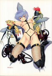 Rule 34 | 1girl, asanagi aoi, ayanami rei, bdsm, between labia, bird, blue hair, bondage, bound, breasts, cleft of venus, cross, crotch rope, cuffs, elbow gloves, fishnet thighhighs, fishnets, gloves, looking at viewer, medium breasts, neon genesis evangelion, nipples, nude, penguin, penpen, pussy, red eyes, shackles, short hair, simple background, smile, snake, solo, thighhighs, uncensored, white background
