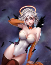 Rule 34 | 1girl, adapted costume, arm support, arm up, armpits, artist name, bad id, bad pixiv id, bare shoulders, black wings, blue eyes, blurry, blush, bow, bowtie, breasts, bridal gauntlets, cleavage, collarbone, cosplay, cowboy shot, depth of field, detached collar, freckles, gloves, glowing, groin, hair between eyes, halo, hand in own hair, highres, large breasts, leaning to the side, leotard, lips, looking at viewer, mercy (overwatch), mercy (overwatch) (cosplay), mole, mole on breast, mole under mouth, nier:automata, nier (series), orange bow, orange bowtie, orange gloves, overwatch, overwatch 1, parted lips, prywinko, red legwear, short hair, silver hair, solo, standing, strapless, strapless leotard, thick eyebrows, white leotard, wings, 2b (nier:automata)