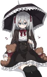 Rule 34 | black jacket, black skirt, black thighhighs, bow, bowtie, buttons, center frills, character request, closed mouth, collared shirt, commentary request, double-breasted, frilled skirt, frills, gothic lolita, green eyes, grey hair, hair between eyes, hair bow, high-waist skirt, holding, holding stuffed toy, holding umbrella, jacket, lolita fashion, long hair, looking at viewer, murakami meishi, open clothes, open jacket, red bow, shirt, shirt tucked in, simple background, sitting, skirt, solo, stuffed animal, stuffed toy, teddy bear, thighhighs, two side up, umbrella, white background, white shirt, zettai ryouiki