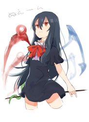 Rule 34 | 1girl, :3, alternate hair length, alternate hairstyle, asymmetrical wings, bad id, bad twitter id, black dress, black hair, bow, bowtie, closed mouth, cropped legs, dress, hair between eyes, houjuu nue, long hair, polearm, red bow, red bowtie, red eyes, short dress, short sleeves, sketch, smile, snake, solo, standing, touhou, very long hair, weapon, white background, wings, yosu