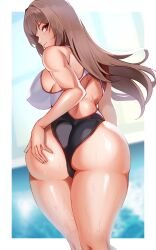 Rule 34 | 1girl, ass, ass grab, black one-piece swimsuit, blush, breasts, brown hair, competition swimsuit, curvy, goddess of victory: nikke, grabbing own ass, highleg, highleg swimsuit, highres, huge ass, large breasts, long hair, looking at viewer, looking back, one-piece swimsuit, rapi (classic vacation) (nikke), rapi (nikke), red eyes, shiny skin, solo, swimsuit, thighs, two-tone swimsuit, volyz, wide hips