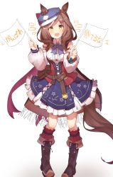 Rule 34 | 1girl, absurdres, animal ears, belt, belt bag, blush, boots, breasts, brown hair, commentary request, flag, hair ornament, hairclip, highres, horse ears, horse girl, horse tail, looking at viewer, matikane tannhauser (umamusume), medium breasts, open mouth, ribbon, simple background, solo, tail, translated, umamusume, white background, yamada auto, yellow eyes