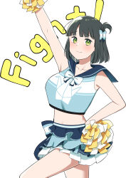 Rule 34 | 1girl, absurdres, arm up, black hair, blue bow, blue shirt, blunt bangs, blunt ends, blush, bow, bowtie, breasts, cheerleader, collarbone, commentary, cowboy shot, cropped shirt, embarrassed, frilled skirt, frills, green eyes, h.s.c.t. (love live!), hair bow, highres, holding, holding pom poms, layered skirt, leg up, link! like! love live!, logo, looking at viewer, love live!, medium breasts, miniskirt, momose ginko, one side up, orinasu, pleated skirt, pom pom (cheerleading), pom poms, shirt, shirt overhang, short hair, simple background, skirt, sleeveless, sleeveless shirt, solo, striped bow, virtual youtuber, white background, white bow, white bowtie