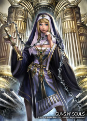 Rule 34 | 10s, 1girl, 2014, blonde hair, blue eyes, breasts, cleavage, dated, fishnets, guns n&#039; souls, instrument, large breasts, lips, nun, organ (instrument), solo, square enix, unico (artist), weapon