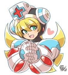 Rule 34 | 1girl, android, blonde hair, blue eyes, blush, capcom, cinnamon (mega man), green eyes, hair between eyes, own hands clasped, hat, headgear, heart, helmet, long hair, nurse, nurse cap, own hands together, robot, mega man (series), mega man x (series), mega man x: command mission, signature, simple background, smile, solo, tobitori, white background, x (mega man)