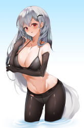 Rule 34 | 1girl, absurdres, arknights, bare shoulders, bikini, bikini top only, black bikini, black gloves, black pantyhose, blue background, blush, breasts, commentary, elbow gloves, gloves, gradient background, hair ornament, hand up, head tilt, highres, large breasts, long hair, looking at viewer, navel, nevin (flyskying), no headwear, orca hair ornament, panties, panties under pantyhose, pantyhose, parted lips, red eyes, silver hair, skadi (arknights), solo, stomach, swimsuit, symbol-only commentary, thighs, underwear, very long hair, white background